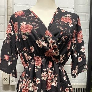 NWOT-Floral Chiffon Wrap Top - Black
